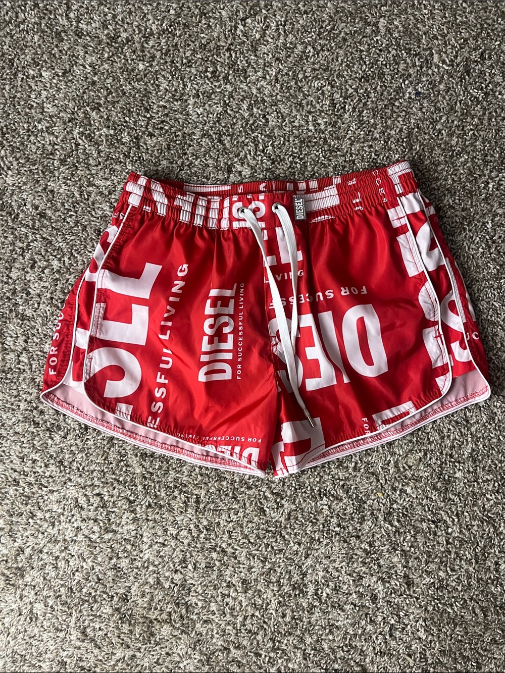 Diesel Red and White Logo Print Men’s Swim Shorts